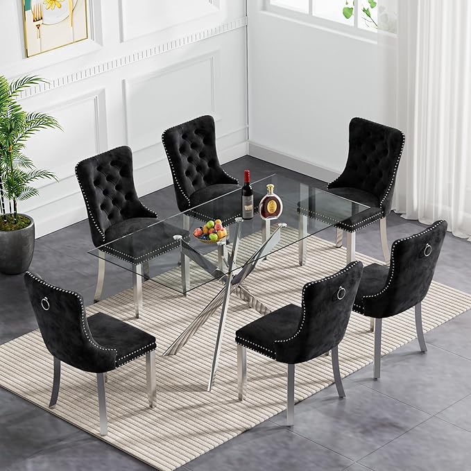 Goujxcy Glass Dining Table Set for 6, Modern Kitchen Table and Chairs Set of 6, 7-Piece Kitchen Dining Room Table Set w/61 Glass Silver Dining Table and 6 Black Velvet Upholstered Chairs