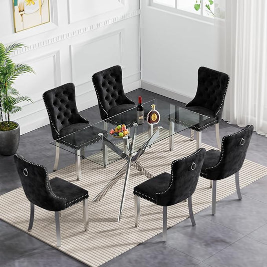 Goujxcy Glass Dining Table Set for 6, Modern Kitchen Table and Chairs Set of 6, 7-Piece Kitchen Dining Room Table Set w/61 Glass Silver Dining Table and 6 Black Velvet Upholstered Chairs