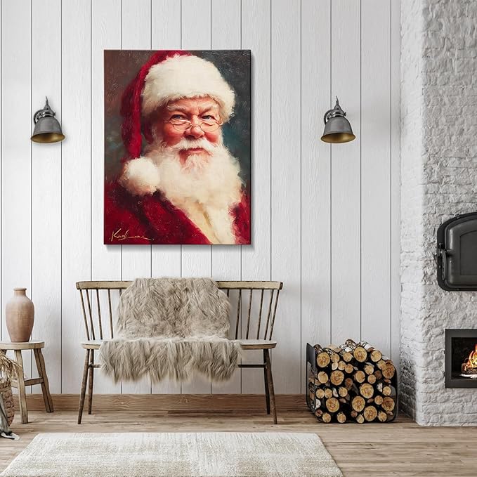 Vintage Santa Claus with Red Hat Portrait Christmas Canvas Wall Art - Victorian Style Framed Canvas Prints for Living Room & Bedroom, Classic Christmas Wall Decor, Christmas Gifts & Winter Decor