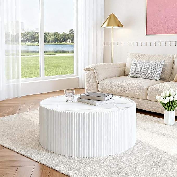 White Round Coffee Table with Sintered Stone Tabletop, 29.52" Drum Coffee Table with Fluted PU Leather Covered and Stable Base, Circle Cocktail Tea Table for Living Room