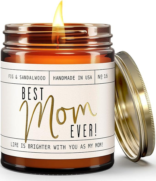 Mothers Day Gifts for Mom, Mom Gifts From Daughter or Son - 'Best Mom Ever' Soy Candle, w/Fig & Sandalwood I Mom Birthday Gifts from Son Ideas I 50Hr Burn, USA Made