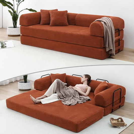 Compression Sofa - 79'' Convertible Sofa Bed, Boneless Couch in a Box, Modular Corduroy Foldable Sleeper Sofa with 2 Pillows, Loveseat Couches for Living Room (Corduroy Fabric, Orange)