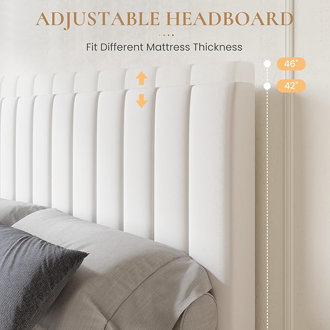SHA CERLIN Full Size Platform Bed Frame with 4 Storage Drawers, Vertical Channel Tufted Adjustable Headboard, Velvet Upholstered, Wooden Slats Support, No Box Spring Needed, Easy Assembly, White