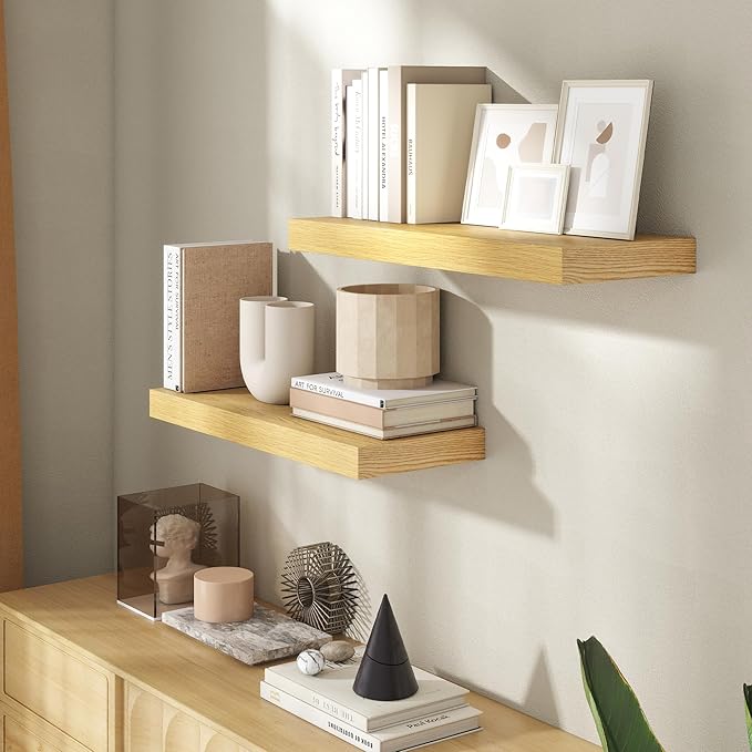 24 Inch Floating Shelves for Wall, 8 Inch Deep Floating Shelf for Storage & Display, Rustic Wall Mounted Shelf with Invisible Brackets for Living Room, Kitchen, Bathroom, Home Decor, Set of 2, Oak