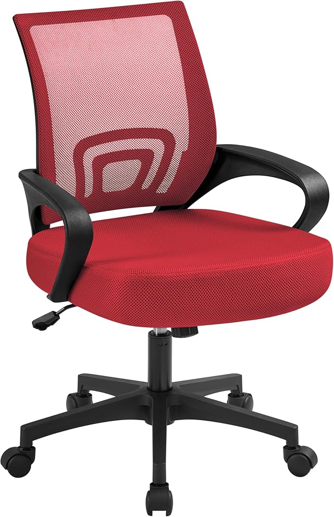 Yaheetech Red Modern Ergonomic Office Chair, Mid Back Mesh Task Chair with Lumbar Support, Adjustable Height, Rolling Swivel, 300lb Capacity