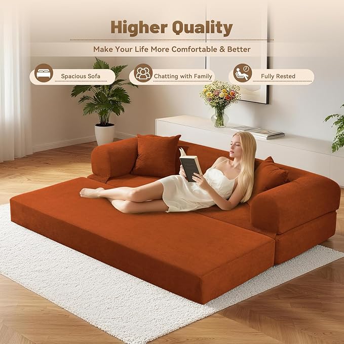 Convertible Folding Sofa Bed,80" Pull Out Couch with Pillows & Storage Pocket,Modular Futon Bed Corduroy Queen Sleeper Sofa in a Box,Compression Boneless Couch for Living Room,Orange