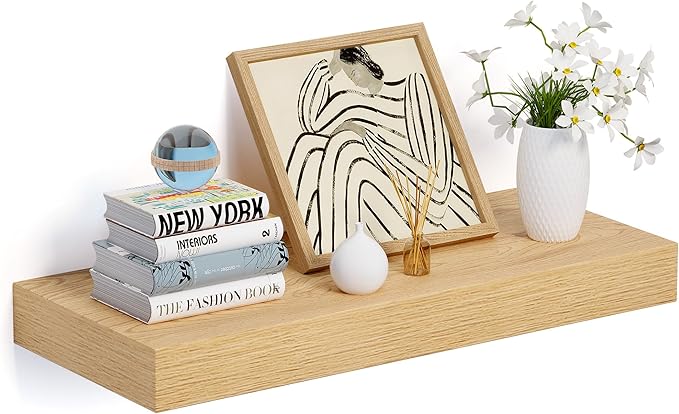 Heimlove 24 x 12 Inch Deep Floating Shelves Wall Mounted with Invisible Brackets,Storage Hanging Shelf for Wall Decor in Bathroom, Bedroom, Toilet, Kitchen, Living Room, Office Set of 1 (Oak)