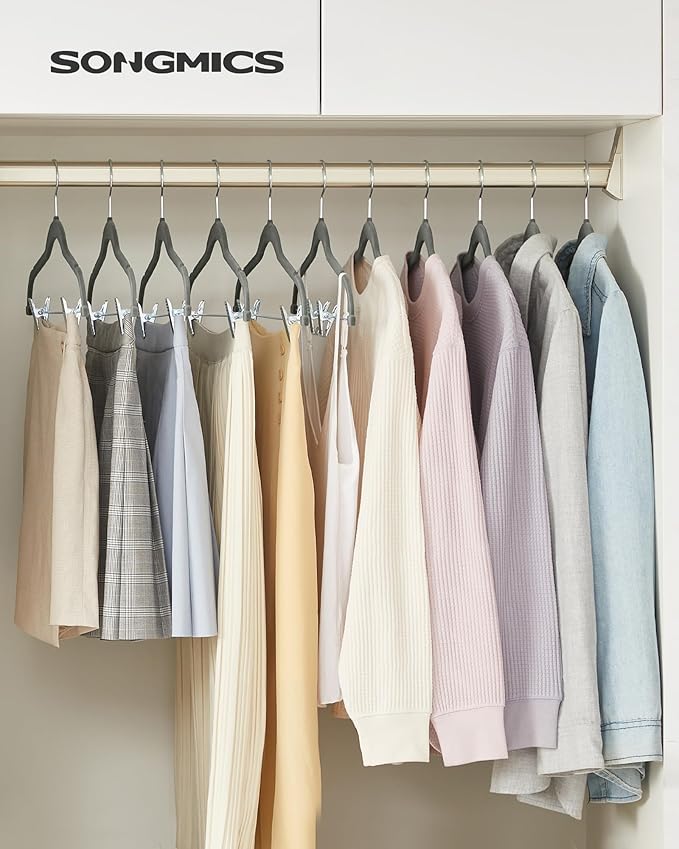 SONGMICS 30 Pack Pants Hangers, 16.7 Inches Long Velvet Trousers Hangers with Adjustable Clips, Heavy-Duty, Non-Slip, Space-Saving for Pants, Skirts, Coats, Dresses, Tank Tops, Gray UCRF12V30