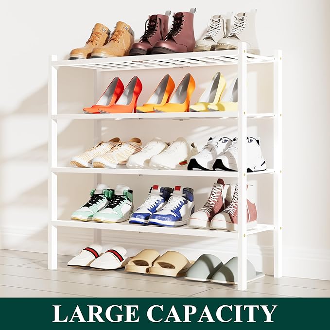 Smiry Shoe Rack, 4 Tier Bamboo Shoe Organizer, Stackable Free Standing Wooden Shoe Storage Shelf for Closet, Entryway, Front Door Entrance, White
