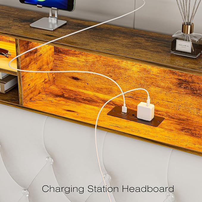 Floating King Size Bed Frame with Headboard and Storage, 60“ Upholstered Bed Frame with LED Light and Charging Station