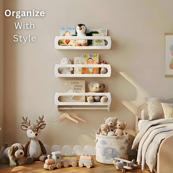 Bamboo White Nursery Floating Book Shelves for Wall, 16.5 Inch - Set of 3 Wall Mounted Multi-use Shelves, Kids Room, Playroom, Nursery Decor and Storage