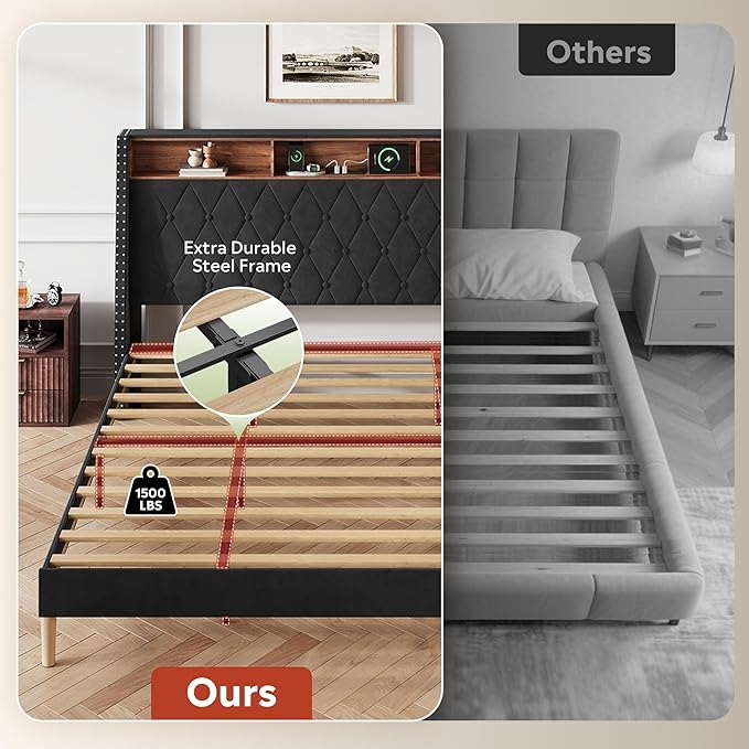 WLIVE King Size Upholstered Bed Frame with Storage Headboard, Velvet Square Tufted Platform Bed with Charging Station, Sturdy Metal & Wooden Slats Support, No Box Spring Needed, Black