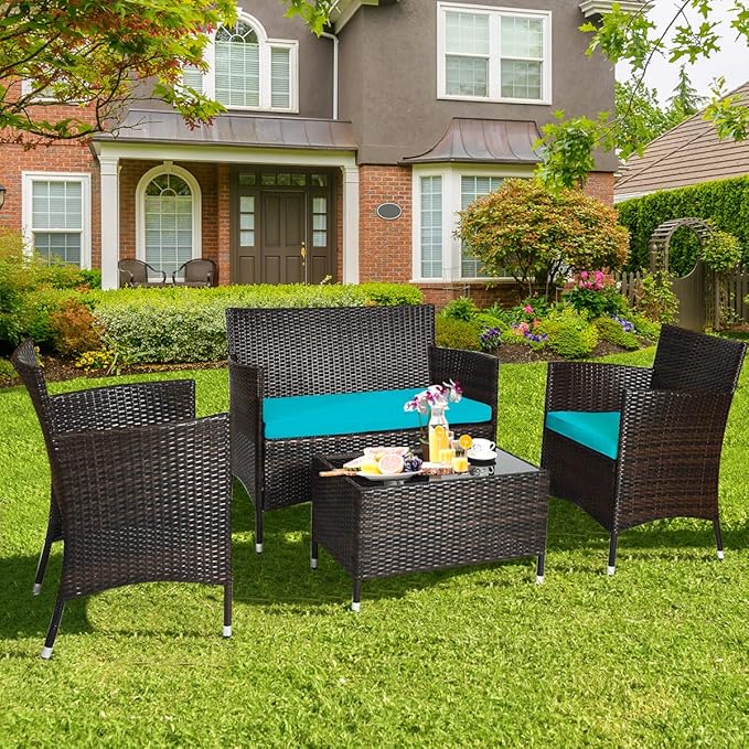 Tangkula 8 Pieces Patio Rattan Conversation Set with Tempered Glass Coffee Table & Thick Cushion, Wicker Set for Garden, Lawn, Poolside and Backyard