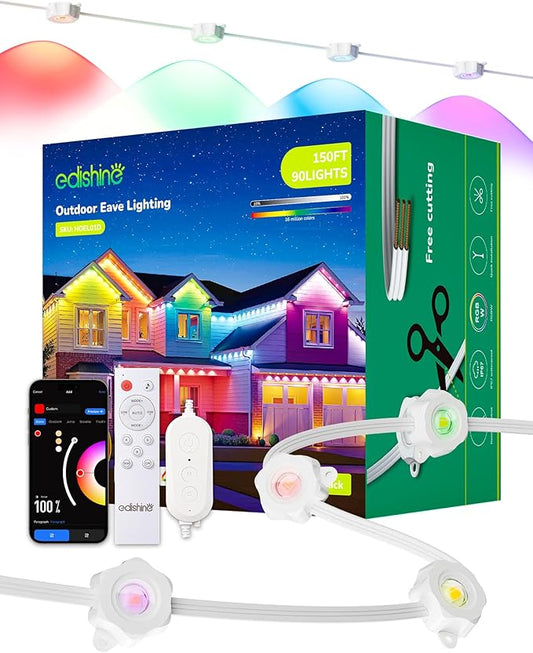 EDISHINE 150FT Cuttable Permanent Outdoor Lights PRO, 90 LED Smart RGB+IC+Warm White Eave Light, 111+ Scene Modes, App/Remote Contrtol, IP67 Waterproof for House Year-Round Decor, Alexa Google Enable
