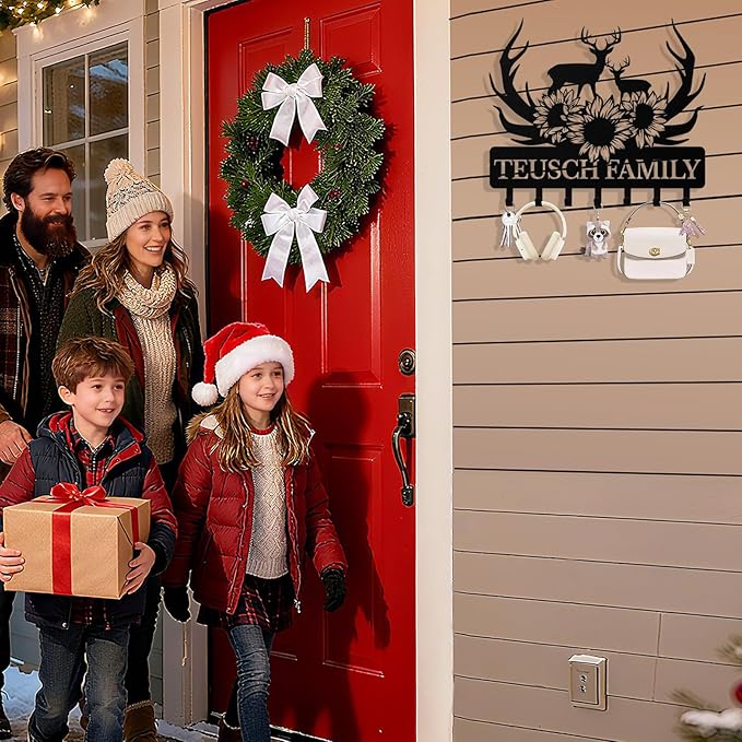 Personalized Deer Key Holder Wall Mount, Custom Metal Keys Hanger for Wall with Name, Custom Key Rack Holder with Hooks for Home, Entryway, Front Door, Living Room, Kitchen, Bathroom