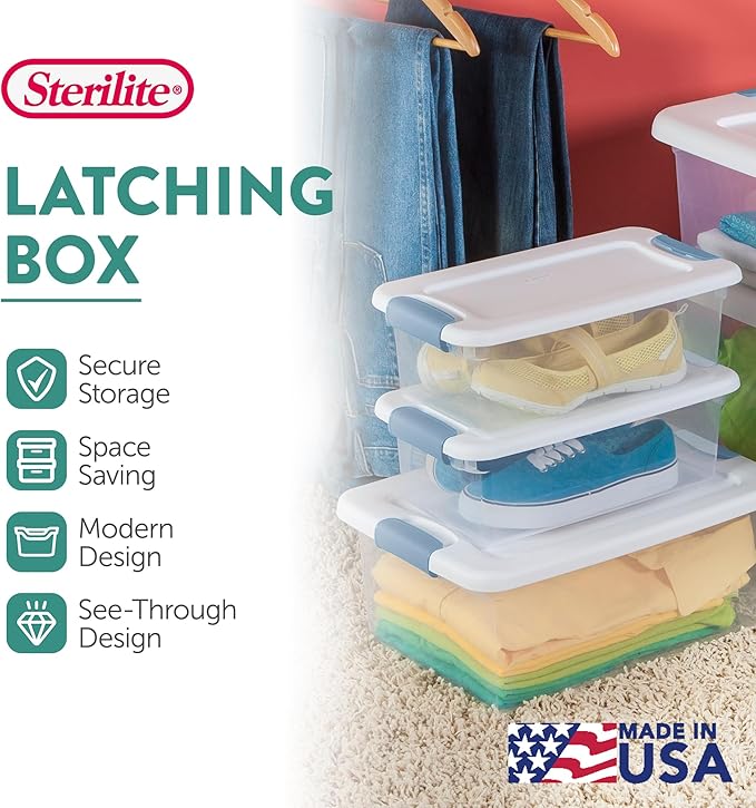 Sterilite 12-Pack Latching Box, Under Bed Storage Bins with Lids, Clear Plastic, 6 Quart - Heavy-Duty Organizing Containers for Closet, Bathroom, and Office