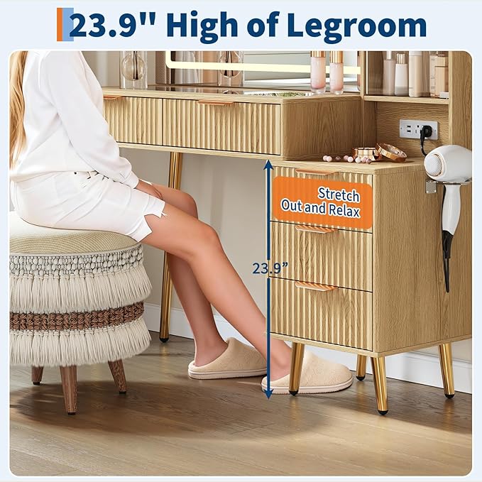 GarveeHome Fluted Makeup Vanity Desk with Lights, 48 in Big Vanity with Glass Top and Large 36" HD Lighted Mirror, Modern Dressing Table with 5 Drawers 3-Tier Shelves Set w/Charging Station (Oak)