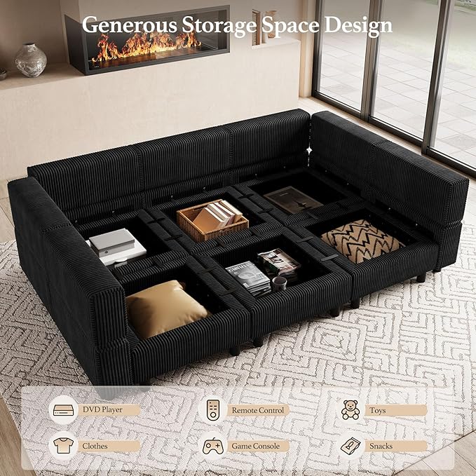Modular Sectional Sofa 6 Seat Corduroy Sectional Sofa with Storage Ottoman, Comfy Modular Couch Sleeper Sofa Bed, Sectional Couches for Living Room, Black