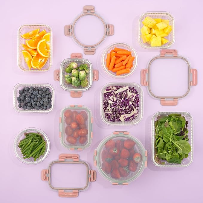 JoyJolt 24pc Borosilicate Glass Storage Containers with Lids | 12 Airtight/Freezer Safe Food Storage Containers for Pantry and Kitchen | Meal Prep Container for Lunch | Glass Tupperware Set