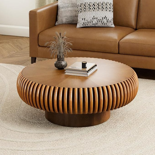 Round Fluted Coffee Table Modern Handcraft Drum Coffee Table with Sturdy Pedestal 31.5" Farmhouse Center Table Tea Table for Living Room, Reception Room, Entertainment Room (Brown 31.5")