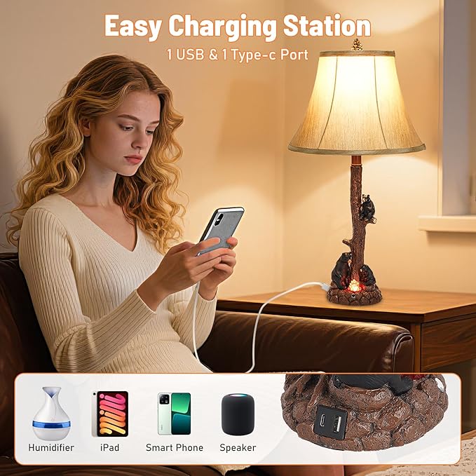 Classic Rustic Table Lamp with Three Black Bears Around Fire Pit - 25.59 Height, 3-Level Dimmable Campfire Light, USB/Type-C Powered, E26 Socket for Bedroom Living Room Decor