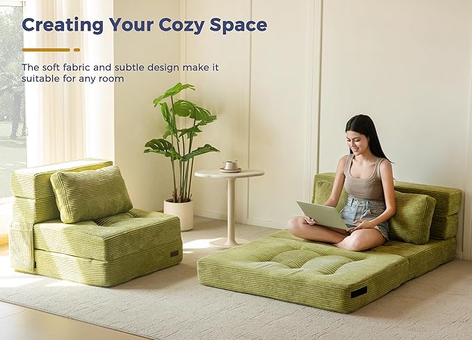 MAXYOYO Convertible Sofa Bed, Fold Out Sleeper Sofa with Pillow, 4 in 1 Tufted Folding Couch Bed Foam Floor Couch, Lazy Chair for Living Room Bedroom Guest Room, Green