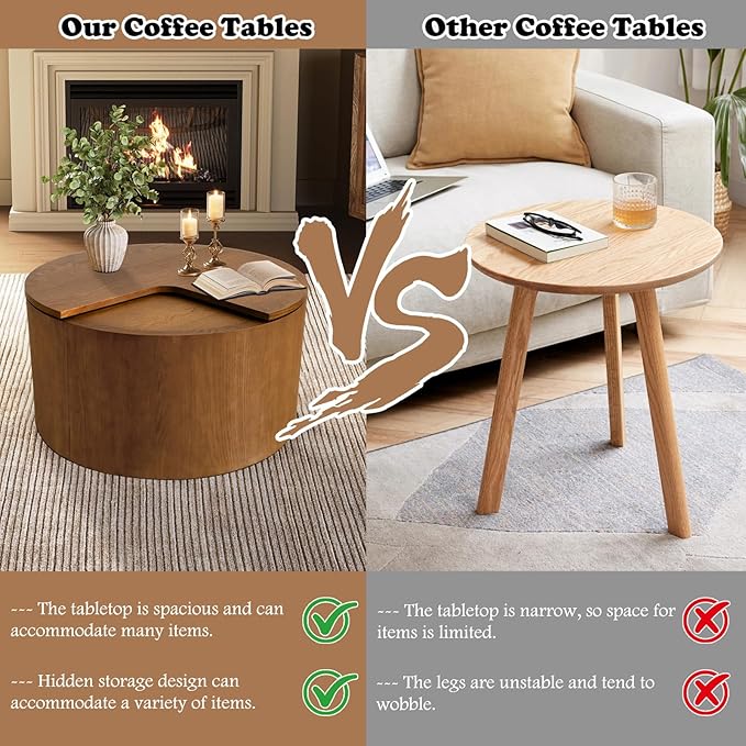Round Coffee Table with Storage for Living Room 27.16" Small Brown Wood Tea Table Mid Century Modern Coffee Table Rustic Boho Coffee Table Circle Sofa Side Table for Small Space (Circle Brown)