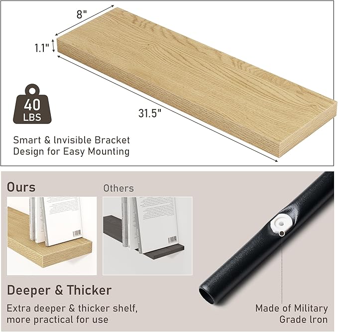 Fun Memories Floating Shelves for Wall, 32W x 8D Floating Wall Shelves with Invisible Brackets Set of 2, Hanging Rustic Wood Shelf Decoration for Bedroom, Bathroom, Living Room and Kitchen, Oak