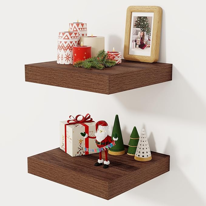 Fun Memories 12 Inch Floating Shelf, Rustic Wood Wall Shelves for Wall Decor & Storage, 12 x 12 Floating Shelf for Living Room, Bathroom, Bedroom, Walnut, Set of 2