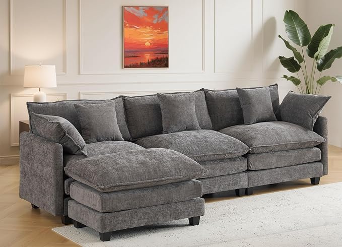 111.4" Cloud L Shaped Sectional Couch with Ottoman｜Modular Chenille Sofa with 29.1" Deep Seat｜FSC Solid Wood Frame｜Easy Assembly & 1YR Guarantee｜for Living Room Bedroom Apartment，Grey