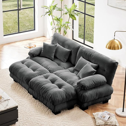 94.4" Loveseat Sofa, 2 Seater Modular Sectional Sofa, Grey Large U Shaped Sectional Couches, Fluffy Chenille Cloud Couch with Ottoman, Deep Seat for Living Room