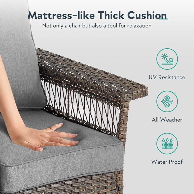 Outdoor Swivel Glider Chairs - 3 Pieces Hollow Widen Armrests Wicker Patio Furniture Set with Side Table, High Back Outside Swivel Rocker for Balcony Porch Deck and Yard - Brown/Gray