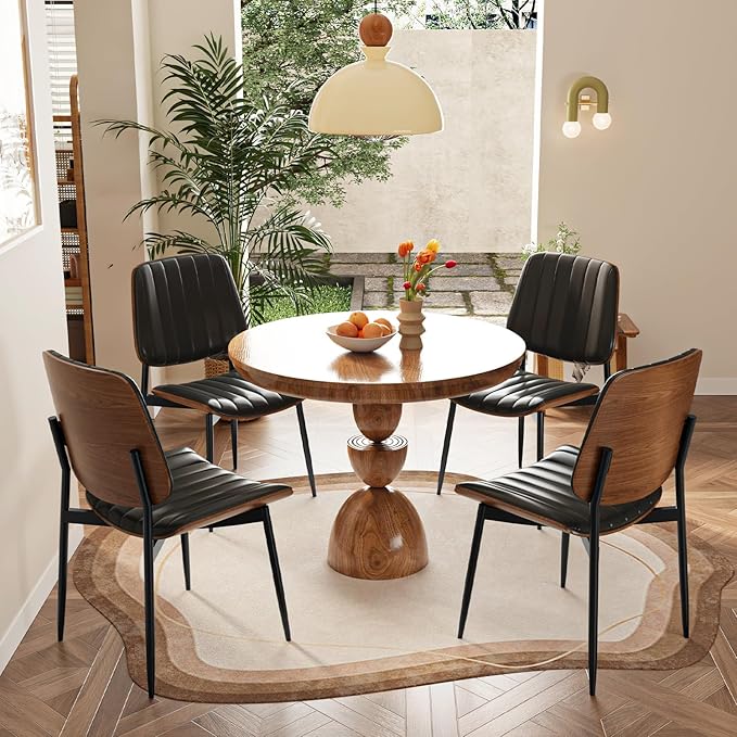 Modern Green Leather Dining Chair Set of 4, Bentwood Backrest & Black Metal Frame Ergonomic Comfort, Sustainable Style, Multi-Space Versatile, Black