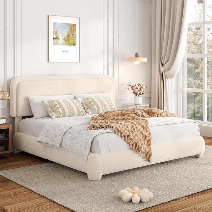 King Size Bed Frame with Headboard Adjustable, Boucle Upholstered Platform King Bed Frame, Anti-Collision Soft Rounded Corners, No Box Spring Needed, Noise-Free, Easy Assembly, Beige