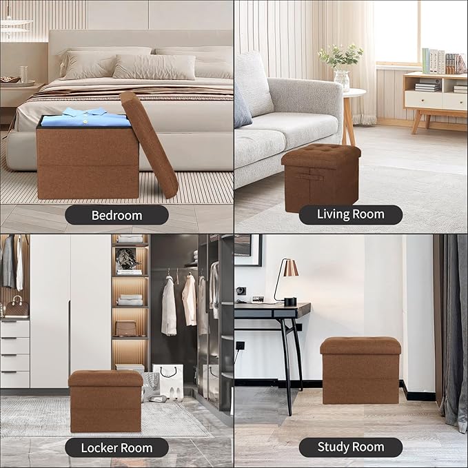 Storage Ottoman Cube, Folding Foot Rest with Thicker Foam Padded Seat. 350 lbs Small Linen Ottoman with Storage Bench Footstool for Living Room, Bedroom, Coffee Table. 17x13x13in, Brown
