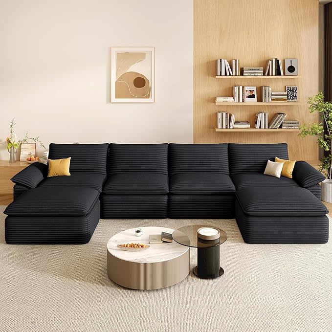 142" Cloud Sectional Couch with U-Shaped Chaise, Corduroy Sectional Sofa with Ottoman, Boneless Couch with Deep Seat in a Box for Living Room, No Assembly Required (Black)