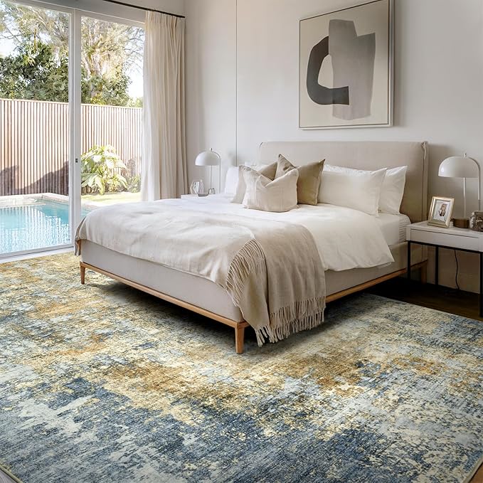 Area Rug Living Room Rugs - 8x10 Modern Abstract Soft Indoor Neutral Washable Rug Stain Resistant Non-Slip Low Pile Carpet for Bedroom Dining Room Home Office - Blue/Grey/Yellow