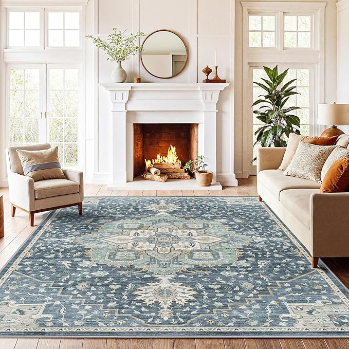 AMADA HOMEFURNISHING 6x9 Area Rugs, Blue Low-Profile Washable Rug with Non-Slip Backing & Durable Edge Binding, Vintage Rugs for Living Room, Bedroom, Dinning Room