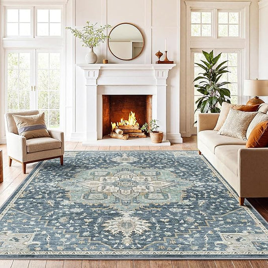 AMADA HOMEFURNISHING 6x9 Area Rugs, Blue Low-Profile Washable Rug with Non-Slip Backing & Durable Edge Binding, Vintage Rugs for Living Room, Bedroom, Dinning Room