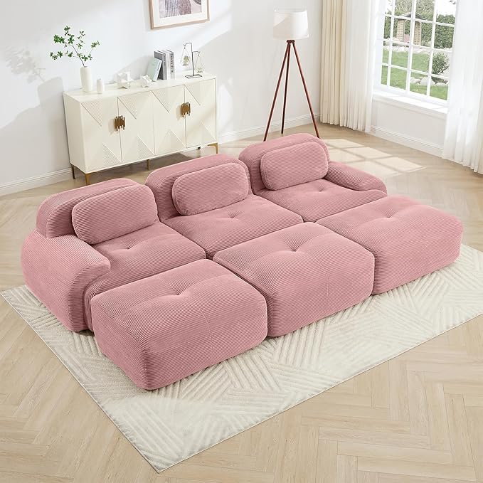 Pink Ottoman for Modular Sectional Sofa, Corduroy Deep Seat for Oversized Compressed Boneless Sectional Couches for Living Room Bedroom Apartment, Cloud Sofa Couch Set, Memory Foam, No Assembly