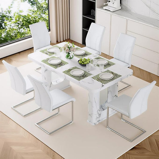 64.5" White Dining Table Set for 6, Modern Kitchen Table and Chairs Set with PU Leather Cushioned Chairs & Decorative Pedestal Base, 7 Piece Marble Pattern Dining Table Set for Dining Room or Kitchen