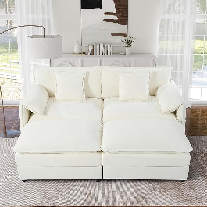 Loveseat Deep Seat Sectional Sofa Cloud Couch, Modern Chenille Comfy Upholstered Modular U Shaped Couch for Living Room, Apartment, Office (White, 75.59 Inch-U Shape)