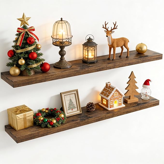 55 Inch Floating Shelves for Wall, 8 Inch Deep Floating Shelf for Storage & Display, Wall Mounted Shelf with Invisible Brackets for Living Room, Kitchen, Bathroom, Home Decor, Set of 2, Rustic Brown