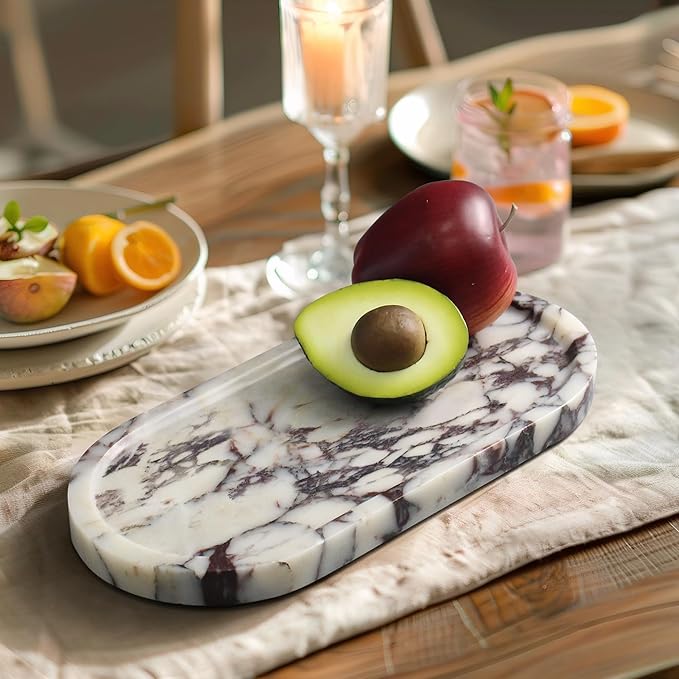 100% Real Natural Marble Tray for Bathroom, Luxury Calacatta Viola Stone Vanity Tray, Decorative Oval Trays for Countertop Storage Organizer, Dresser, Kitchen, Home Decor, 11.8" x 6", Purple