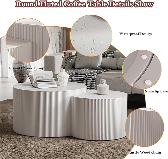Modern Drum Coffee Table Set of 2 Stylish Minimalism Wave Stripe Fluted Nesting End Table - No Assemble, for Small Space (C-27.6IN+19.7IN)