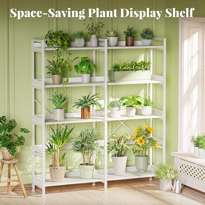 Huuger 5 Tier Bookshelf, Display Bookshelf with 10 Open Shelves and Raised Baffle, 47.2 Inch Straight Wide Bookcase with Metal Frame and Wooden Board, Adjustable Feet, White