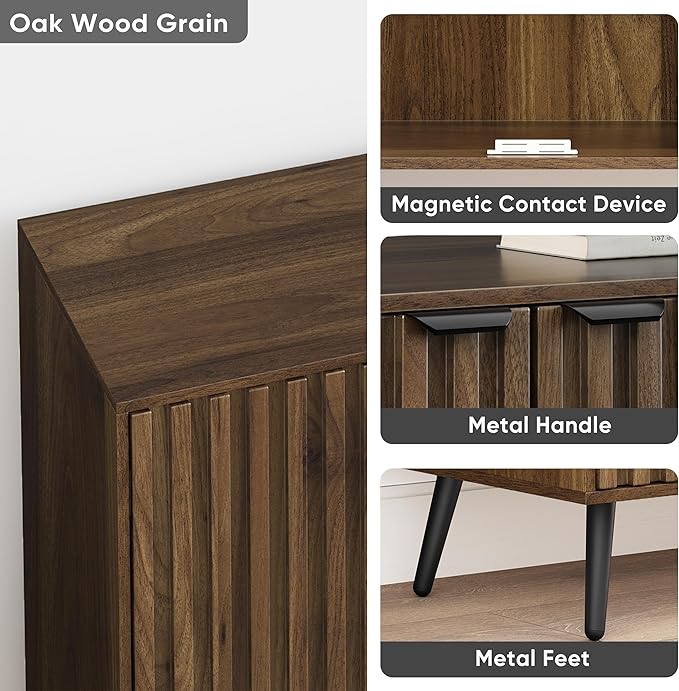 Smuxee 63" Fluted Sideboard Cabinet, Freestanding Walnut Buffet Cabinet with Adjustable Shelf, Wood Storage Cabinet for Living Room, Entryway, Hallway