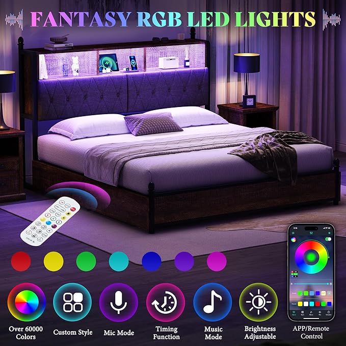 AMERLIFE King Size Bed Frame with Bookcase Headboard, 4 Storage Drawers, Wooden Platform Bed with Charging Station & LED Light, No Box Spring Needed, Noise-Free, Rustic Brown