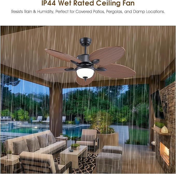 50 Inch Tropical Ceiling Fans with Lights and Remote/APP Control, Outdoor Waterproof Palm Leaf Ceiling Fan for Patios Porches, Wet Rated, Glass Lampshade, 6 Speeds, Quiet, Brown