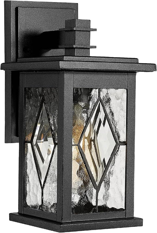 Emliviar Farmhouse Outdoor Porch Light, 1-Light Patio Wall Fixture With Water Grain Glass Shade, Black Finish, 1803EW1-SD BK